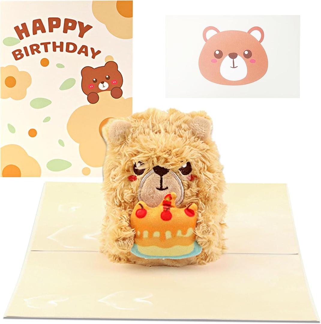 2 x 3D Plush Bear Pop-Up Birthday Card for Boys, Girls, Men, Women, Unisex (Yellow)