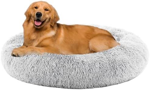 Donut Dog Bed, XL Large Round Calming Cat Bed with Washable Waterproof Cushion, Anti-Anxiety & Anti-Slip Fluffy Cuddle Cozy Faux Fur Plush for Pet Puppy Indoor Sleeping (37.4"x37.4", Grey)