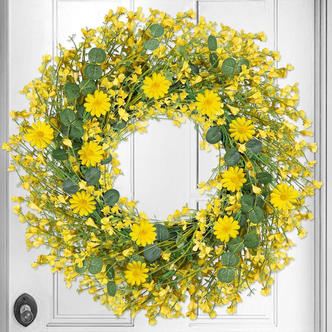 26 Inch Large Summer Spring Wreaths for Front Door Daisy Wreath Easter Wreaths for Front Door Artificial Floral with Green Eucalyptus Leaves Wild Floral for Farmhouse Porch Wall Living Room Home Decor