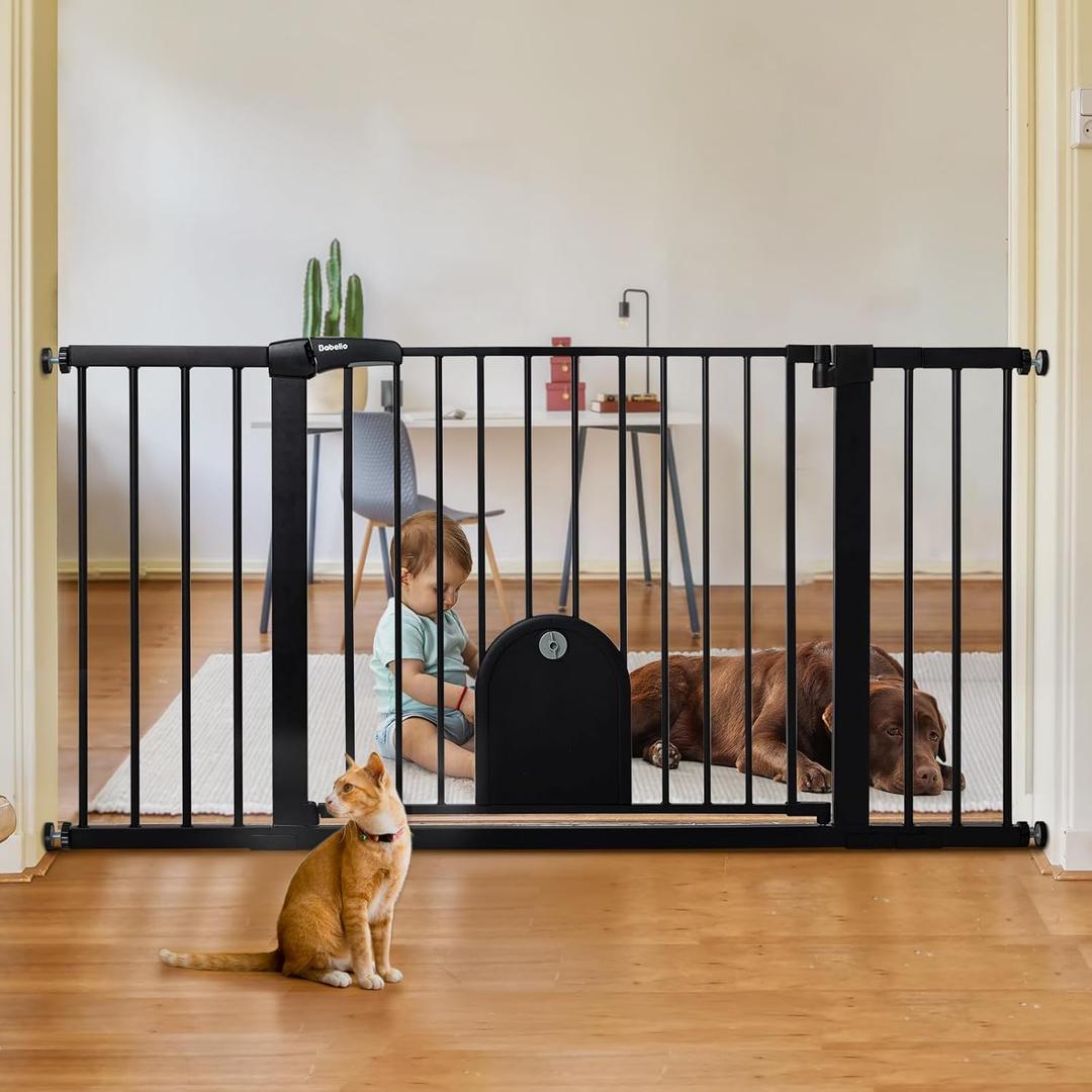Babelio 36-57" Extra Wide Auto Close Baby Gate with Cat Door, Pet Gate Indoor with Extra Wide Walk Thru Door, Metal Dog Gate for Doorway, Stairs, Includes 4 Wall Cups and 3 Extension Pieces, Black (36-57" Wide, 28" Tall, Black)