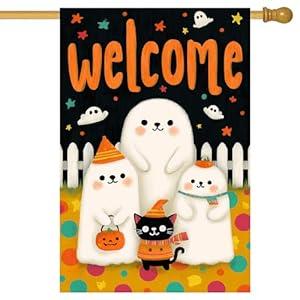 BlissYard Halloween Welcome House Flag Cute Ghosts Black Cat Pumpkins 28 x 40 Inch Double Sided Fall Garden Flags Banner Autumn Outdoor Porch Yard Decor Spooky Holiday Greetings Seasonal Decorations