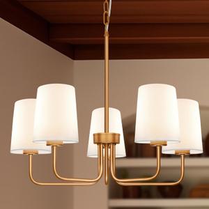 Farmhouse Chandelier, 5-Light Brass Chandelier with White Fabric Shade, Height Adjustable Modern Dining Room Light Fixture with E26 Base for Bedroom Foyer Hallway Entryway Kitchen Living Room