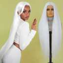 Felek Super Long White T Part Lace Wig Synthetic 40 Inch Straight 13x4x1 T Lace Front Wigs Heat Resistant Fiber Glueless Pre-Plucked Natural Hairline Lace Wig For Fashion Women/Girls(White)