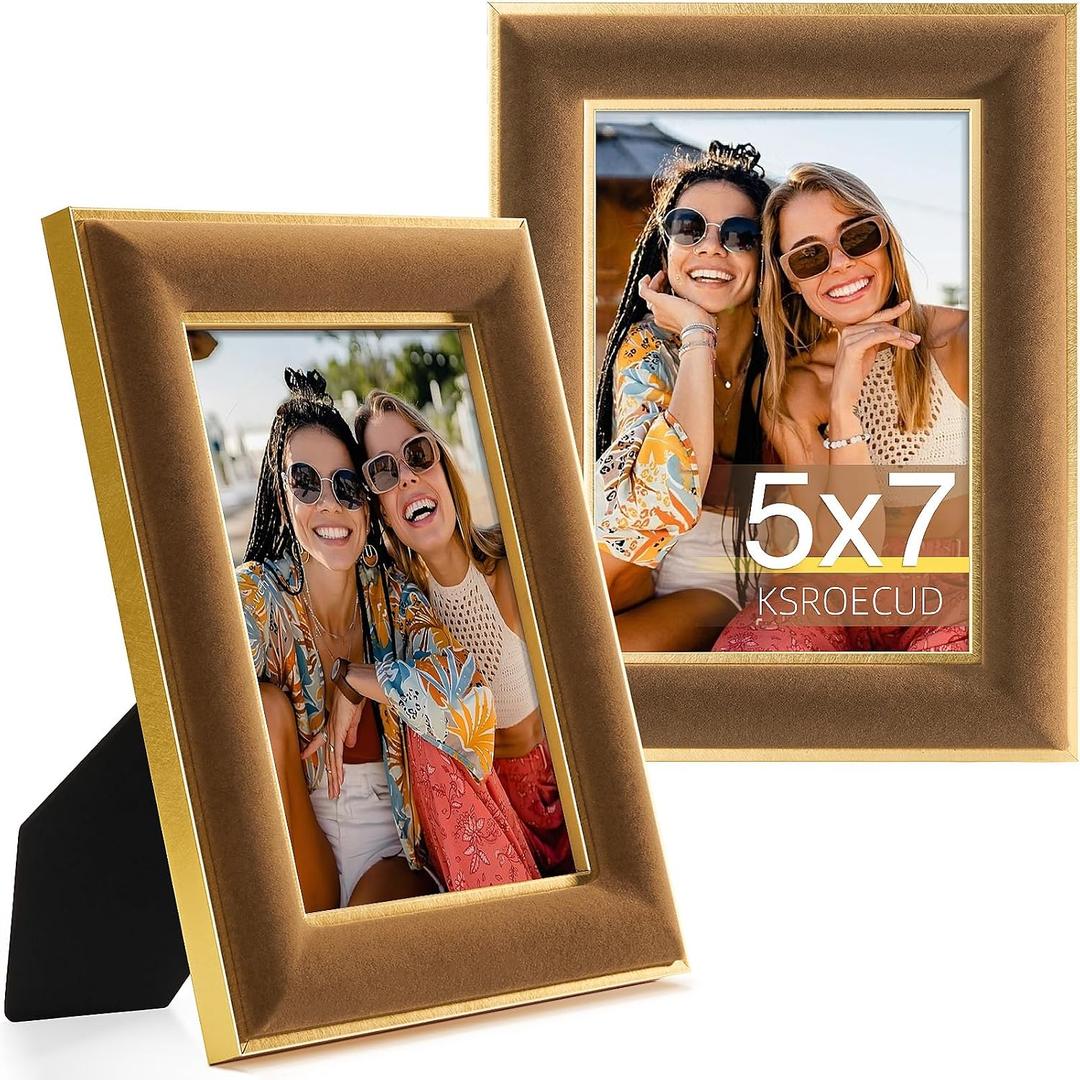 5x7 Velvet Picture Frame, Brown Photo Frames with Modern Simple Metallic Gold Border, HD Real Glass Horizontal & Vertical Display for Tabletop and Wall Collage Decor (2 Pack)