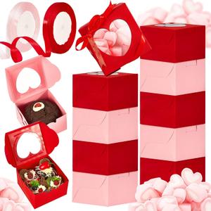 Henoyso 80 Pcs Mother's Day Cupcake Boxes 4 x 4 x 2.5 Inch Mother Bakery Treat with Heart PVC Window Individual Cookie Candy Boxes for Gift Giving Party Favor (Pink,Red)