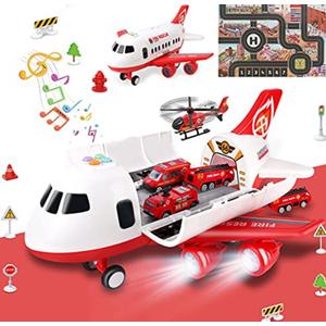Dwi Dowellin Airplane Toy with Fire Truck Cars and Play Mat,Plane with Lights and Sounds for 3 + Years Old Boys and Girls