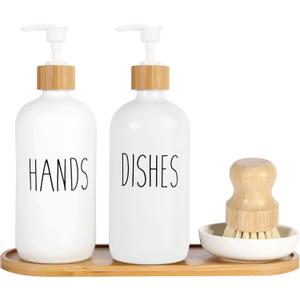 2 Pack Glass Soap Dispenser Set with Tray and Bamboo Dish Brush, Hand and Dish Soap Dispenser 16oz Kitchen Soap Dispenser Set Farmhouse Decor Soap Pump Bottle (White & White)