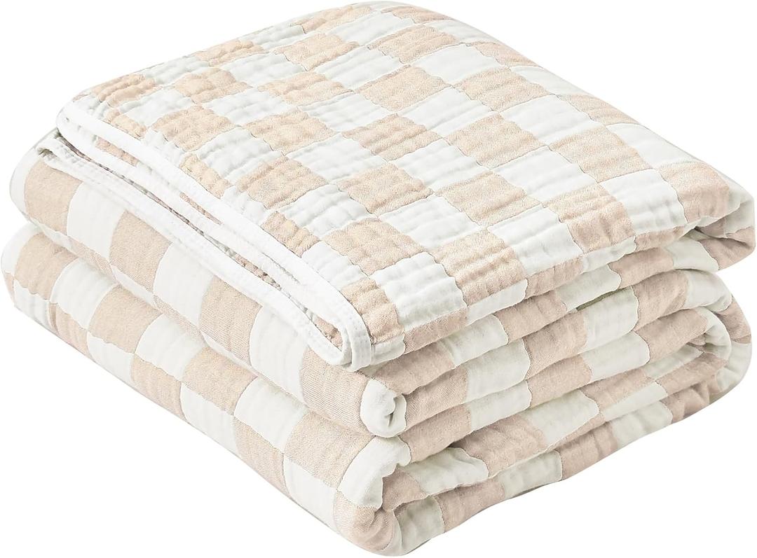 SANACYNA 100% Cotton Muslin Blanket 6-Layer Gauze Cream Grid Throw Blanket Lightweight Soft and Breathable Blanket for Sofa Couch Bed Coverlet Both Sides (Cream, Throw 50"x60")