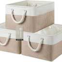 Large Storage Baskets- 15.7x11.8x8.26 inch Storage Bins for Shelves and Closet Organizing, Foldable Fabric Bin for Home Organization Clothes and Laundry (3-Pack, White&Khaki)