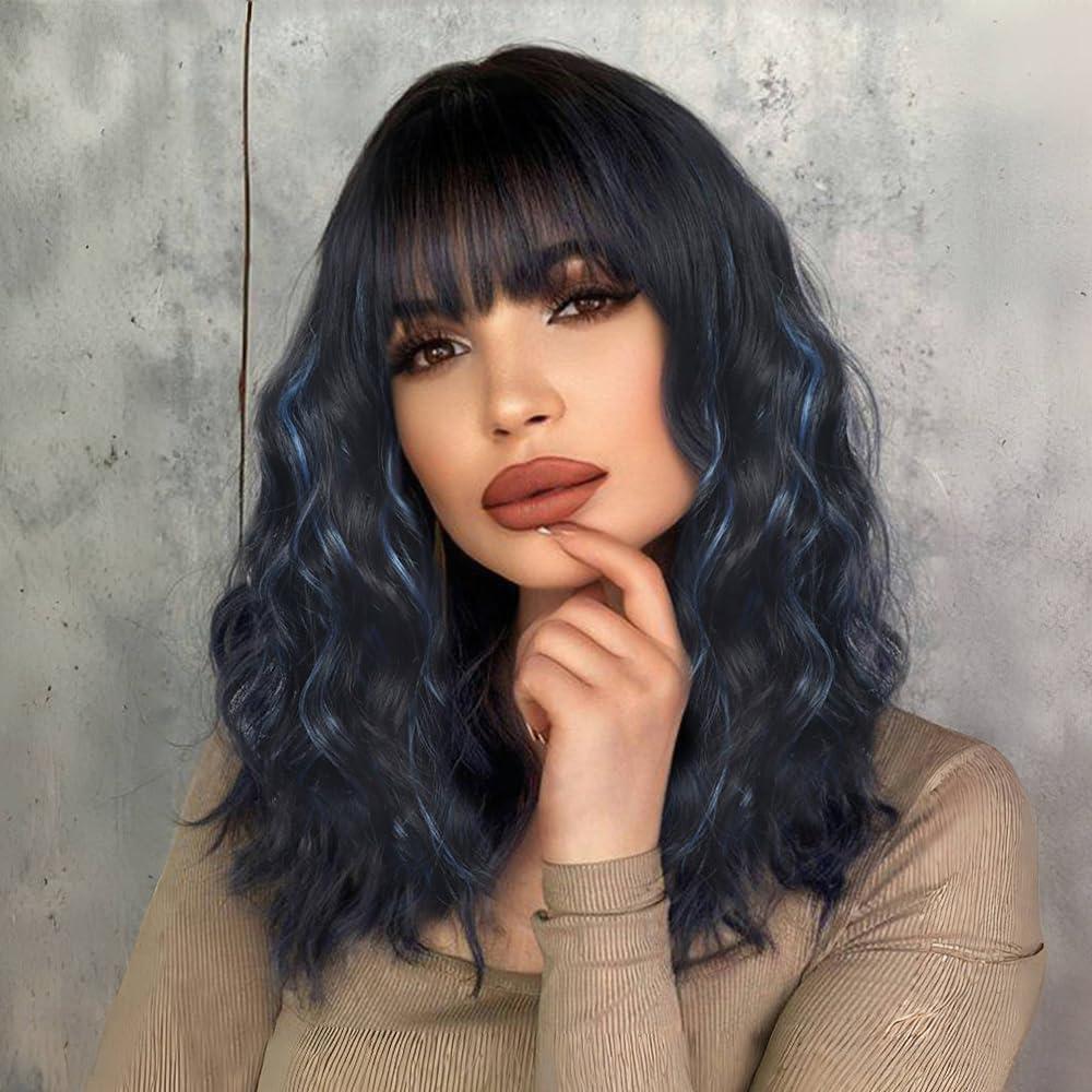 Ucubb Short Curly Wigs with Bangs for Women 14 Inches Wavy Bob Wig Synthetic Heat Resistant Fiber Wigs (Black Mixed Blue)