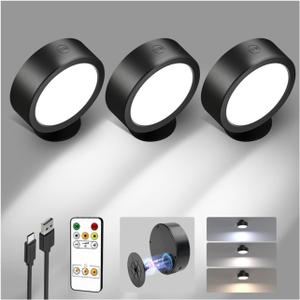 EZVALO LED Wall Mounted Lights, 5500mAh Rechargeable Wall Sconces Lamp, 3 Color Temps & Remote and Touch Control, 360Rotation Dimmable Cordless Wall Light for Bedroom Reading Study Bedside (3 Pack) (Black)