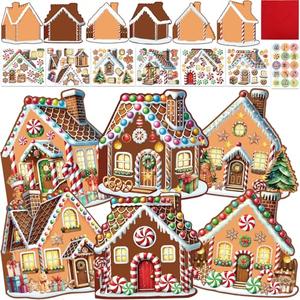 4 x Treasure Cove Christmas Gingerbread Cards Craft Kit DIY Gingerbread House Card Christmas Crafts Kit Make Your Own Gingerbread House Decoration with Stickers for Kids Xmas Holiday Party Decor Supplies 12Pcs