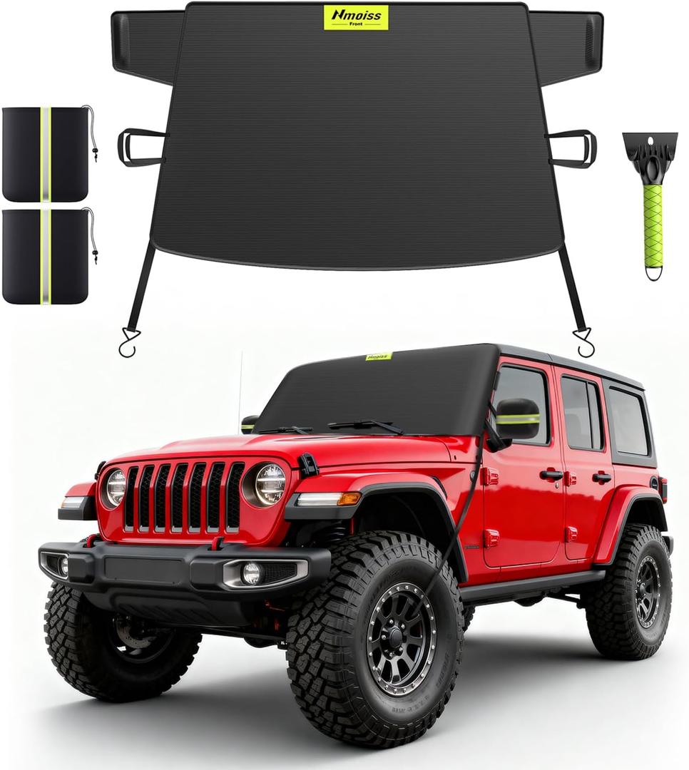 3-in-1 Windshield Snow Cover for Jeep Wrangler & Gladiator  XS Size Low-Windshield Frost Guard with Ice Scraper, Heavy-Duty 600D Oxford Waterproof & 360 Windproof Protection for Off-Road SUVs