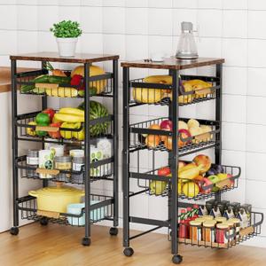 5-Tier Rolling Utility Cart, Kitchen Storage Cart with Wheels, Large Capacity Utility Cart with Wooden Tabletop & Mesh Baskets for Kitchen, Bathroom, Laundry Room (Black)