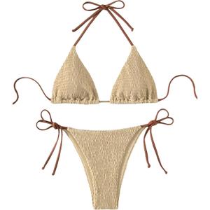 COZYEASE Women's 2 Piece Bikini Sets Smocked Halter Triangle Top Tie Side Bottom Swimsuit Bathing Suit Beachwear (Khaki), M