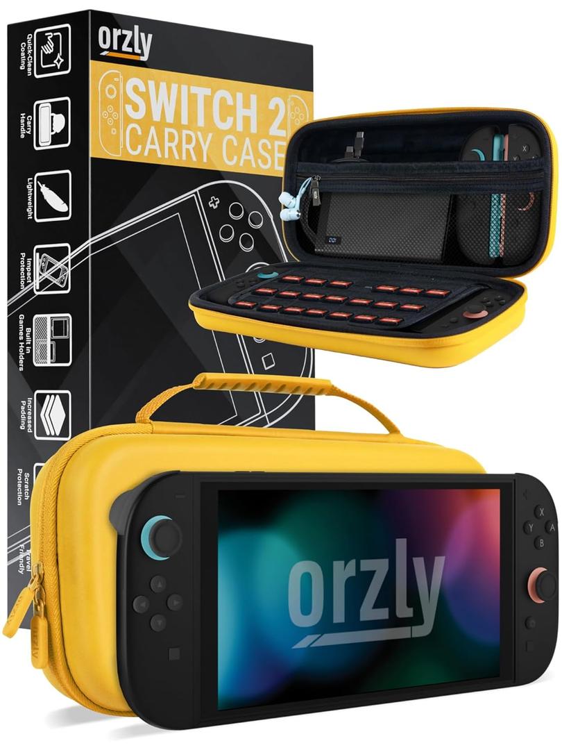 Orzly Case Compatible with Switch 2 Protective Travel Carry Case with Screen Padding, Game Card & microSD Slots, Zipped & Open Pockets for Accessories 7.9" Gift Boxed