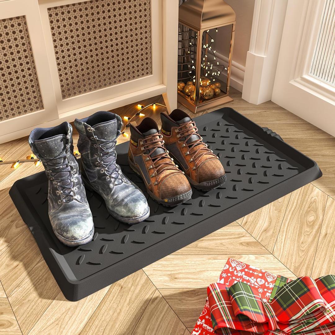 Boot-Tray Heavy Duty Rubber Mat with Lip Waterproof Shoe Mat Tray for Entryway Indoor Outdoor Multi Use Catch All Trays Entryway Shoe Storage 16x27.5 Inches (Twill)