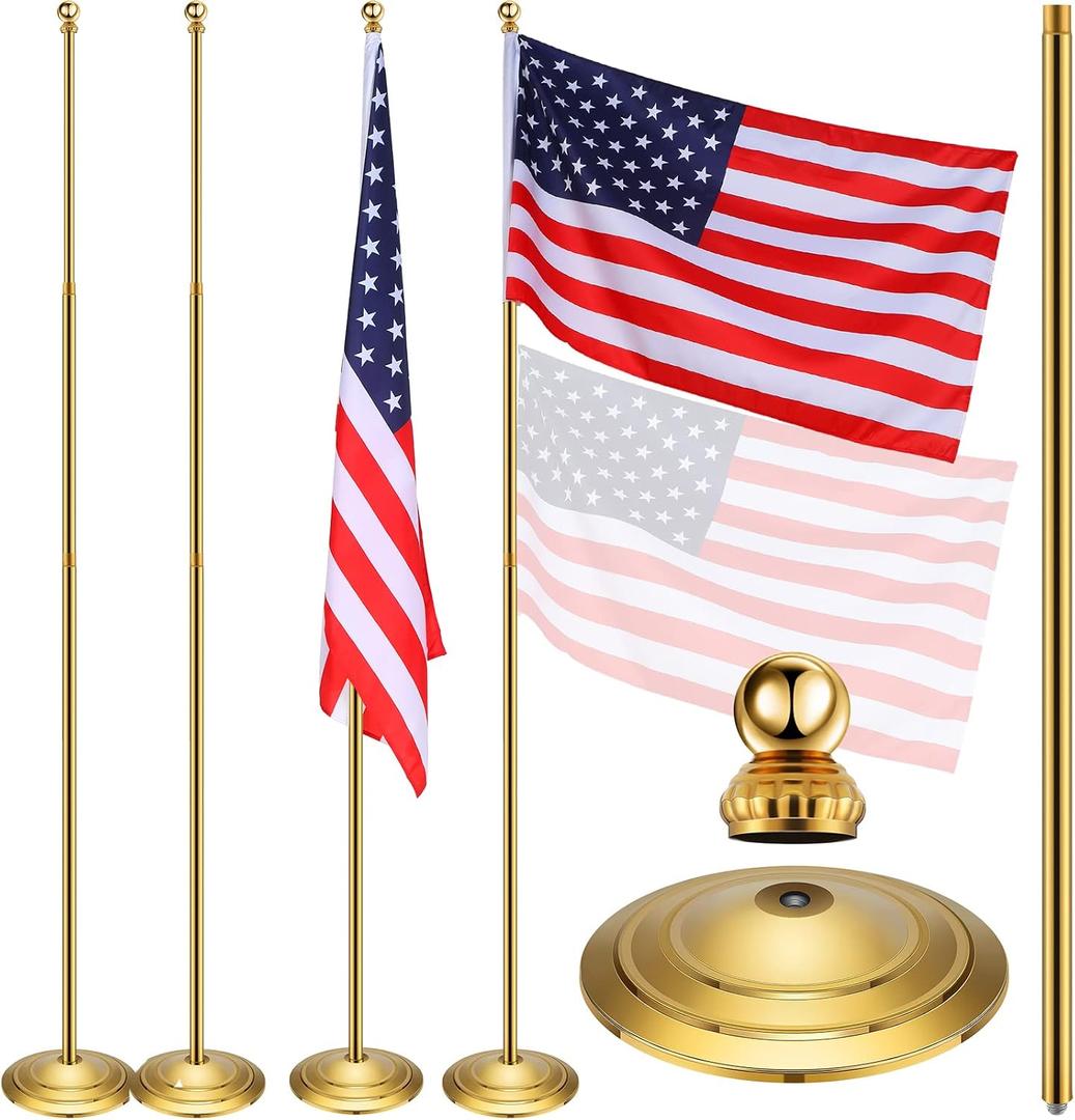 Threan 2 Sets Indoor Telescoping Flag Pole with Base Gold Ball Top Stainless Steel Telescoping Flagpole for Independence Day, 250th Anniversary, Office(Flag Not Included)(8.53 Ft)