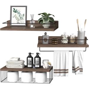 PopiShelves 22.5 inches Bathroom Shelves Over Toilet for Wall, Floating Shelves with Storage Basket Paper Holer for Kitchen Living Room, Bedroom & Classroom, Set of 3 (Dark Brown)