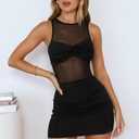 Memoriesea Women's Summer Mesh Sleeveless Boat Neck Bodycon Party Club Mini Dress (Black, S)