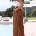 Faleave Women's Cotton Linen Summer Palazzo Pants Flowy Wide Leg Beach Trousers with Pockets (Brown, L)