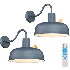 Darkaway 2pcs Solar Barn Light, Industrial Outdoor Wall Light Dusk to Dawn Wall Sconce Gooseneck Exterior Wall Mount Lighting with Hammered Dome Metal Shade for House Garage Porch Entry Hallway