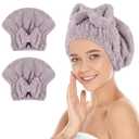 SUNLAND Large Microfiber Hair Drying Caps with Bow knot Fast Drying Shower Cap Soft and Absorbent hairWrap Hair Turban Bath Caps for Curly Thick and wet Hair 11 X 13.4 inch 2 Pack Purple