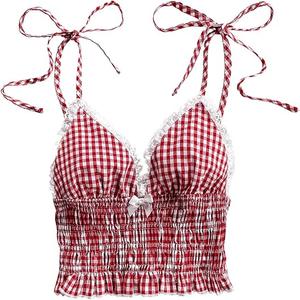 WDIRARA Women's Gingham Cami Crop Tops Plaid Contrast Lace V Neck Camisole Tops XL, Red and White