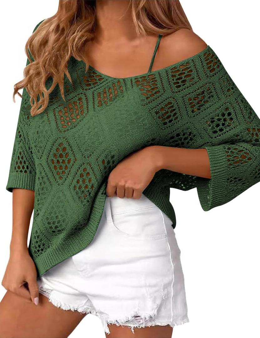 LOMON Womens 3/4 Sleeve Crochet Tops Off Shoulder Hollow Out Sweater V Neck Casual Loose Fit Beach Cover Up, XL