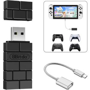 AKNES 8BitDo USB Wireless Controller Adapter 2 Converter Dongle for Switch1/2 / Switch OLED,Steam Deck,Windows,macOS,PS5/PS4/PS3 Controller,X Box Series X/S,X Box One Bluetooth Controller OTG Cable (Black)