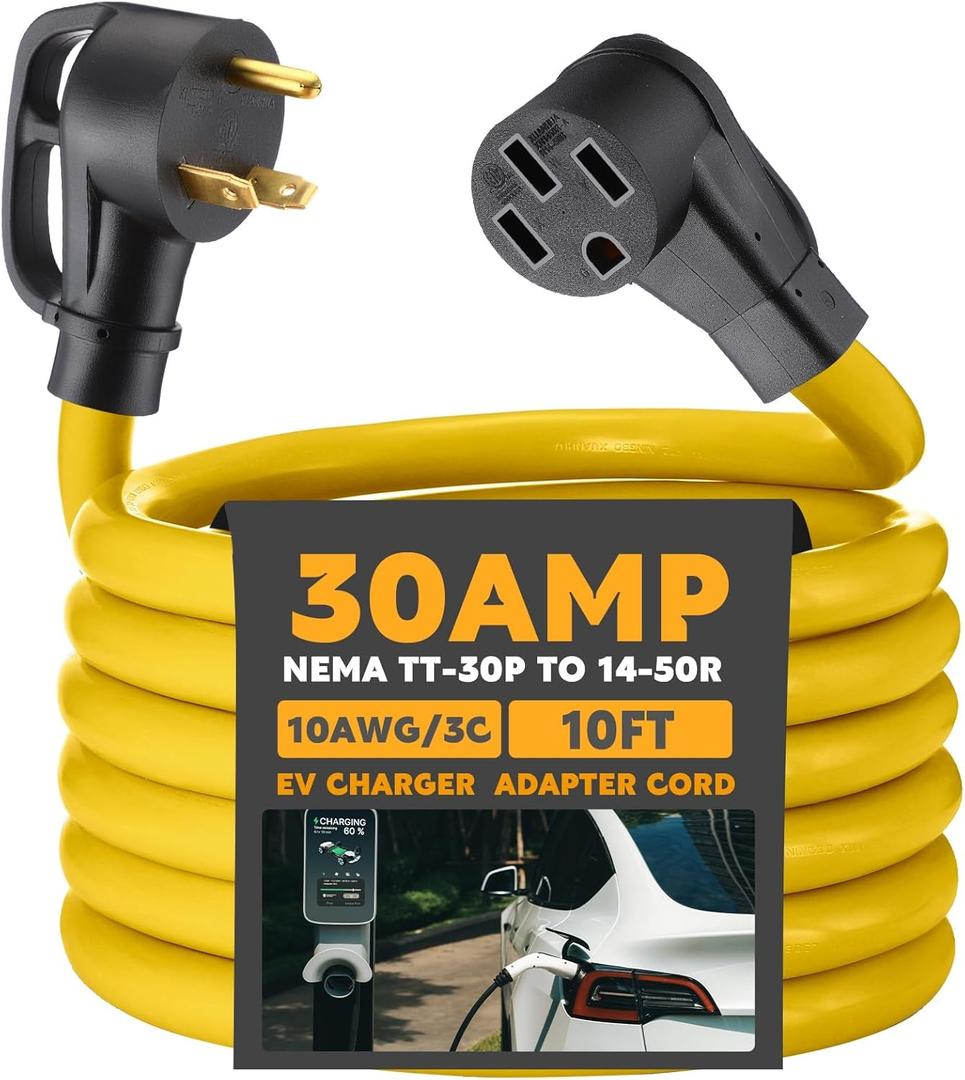10ft EV Charger Adapter Cord Compatible with NEMA TT-30P to 14-50R, 30 A RV Generator Outlet to 50 A EV for Level 2 Charging, 3 Prong to 4 Prong Power Extension Cord with Handle, ETL Listed