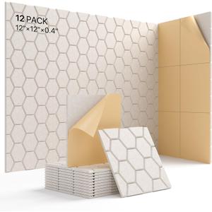Kuchoow 12 Pack 12"12"0.4" Acoustic Panels - Sound Proof Foam Wall Panels with Hexagon Design, Self-Adhesive Noise Cancelling Dampening Panels for Recording Studio Door Home Bedroom Theater (beige)
