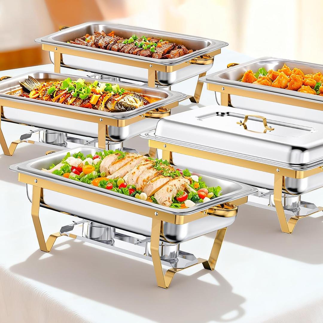 Chafing Dishes for Buffet, 9QT 5 Pack Chafing Dish Buffet Set | Stainless Steel Catering Warmer Server with 5 Full Size Pans for Home Party Wedding Buffets, Gold