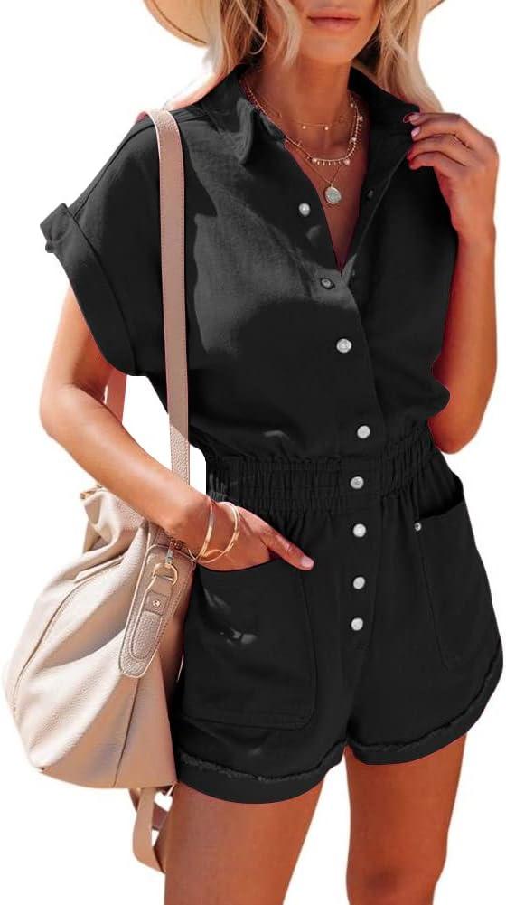 chouyatou Women's Short Cuffed Sleeve Utility Rompers Elastic Waist Button Down Cotton Pocketed Jumpsuit (X-Large, Black)