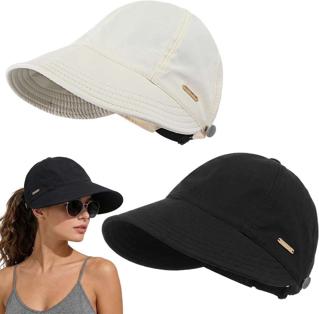 Cuffbow 2 Pack Women Sun Hat UV Protection Hiking Fishing Hats Wide Brim Hat Adjustable Ponytail Packable Cap for Outdoor