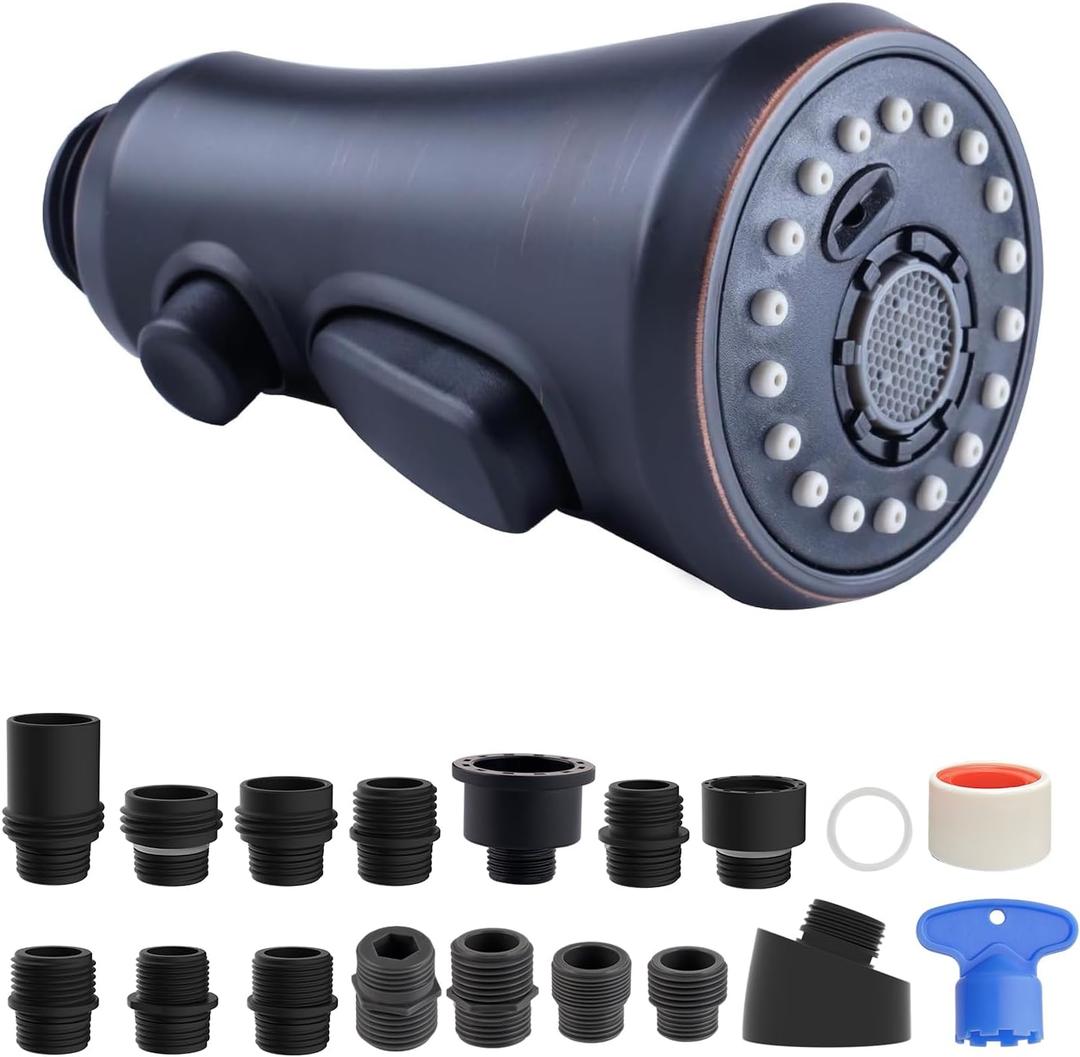 Hibbent Pull Down Spray Head, NSF/ANSI/CAN 61 & CUPC Certified 3-Function Spray Nozzle, 15 Adapters, Kitchen Sink Faucet Head Replacement Compatible with Moen, Delta, Kohler, Oil-Rubbed Bronze