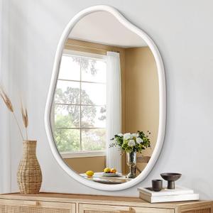 Irregular Mirror for Wall Asymmetrical Wood Frame Modern Unique Wall Mirror Decorative Bathroom Entryway Living Room Bedroom Vanity Hallway Artistic Mirror White 20"x16" (20"L x 16"W)