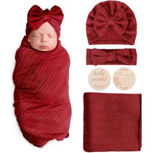 Newborn Receiving Blanket with Bow Hat Headband Wooden Card Set Wheat-Pattern Newborns Toddler Baby Boy Girl Nursery Swaddle Wrap