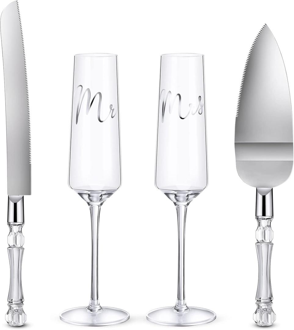 Boao 4 Pieces Wedding Toasting Flutes and Cake Server Set Wedding Reception Supplies Champagne Glasses Cake Knife Pie Server (Clear,Classic)