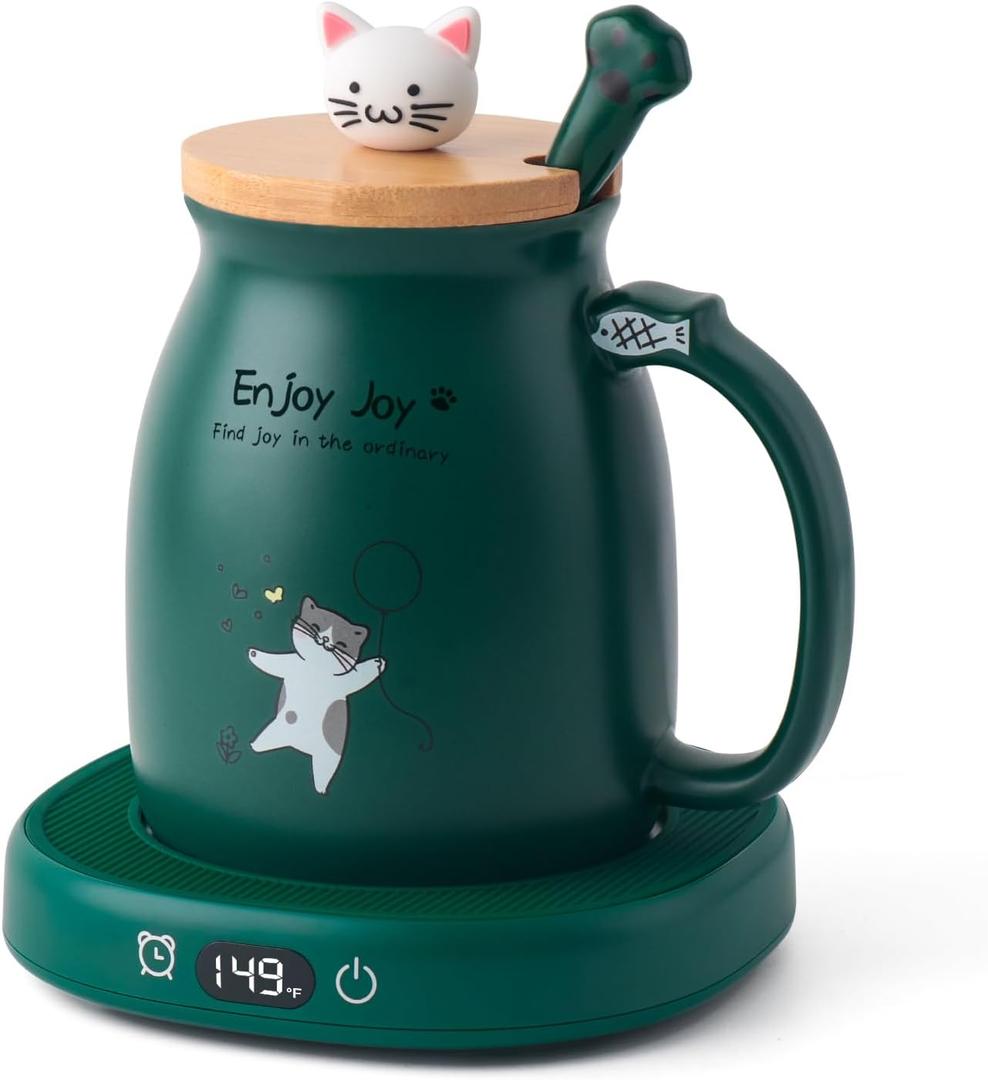 Bsigo Cute Cat Mug Set & Electric Smart Mug Warmer for Home & Office, Beverage Tea & Coffee Cup Warmer with 3-Temp Settings, 8H Auto Shut Off, Green