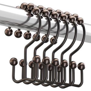 Titanker Shower Curtain Hooks Rings, Rust-Resistant Metal Double Glide Shower Hooks for Bathroom Shower Rods Curtains, Set of 12 Hooks - Bronze