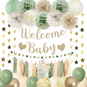 Amandir Baby Shower Decorations Sage Green Balloons Welcome Baby Banner, Cake Topper, Paper Lanterns, Pom Poms Flowers Tassels, Circle Dots Star Garland, Neutral Gender Reveal Birthday Party Supplies