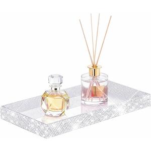 Bling Bathroom Tray for Countertop, Shiny Acrylic Tray for Perfume Jewelry Makeup, Vanity Trays for Soap Dispenser,Aromatherapy,Cup & Candle, Guest Towel Holder Tray for Napkin (Silver)