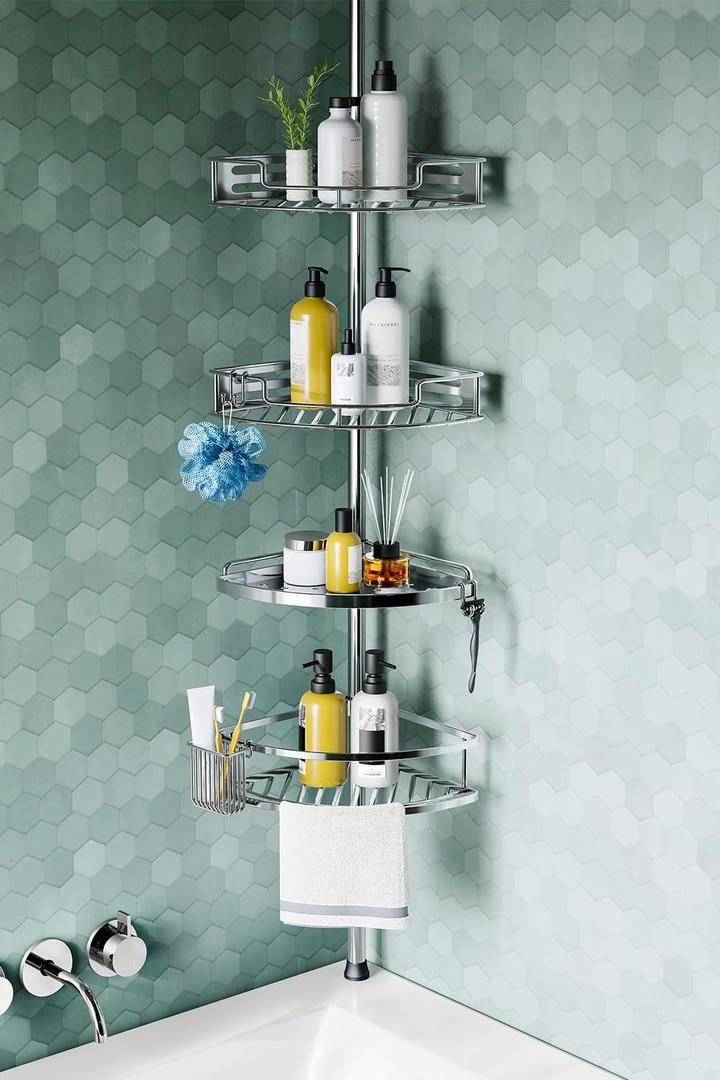 HAMITOR Corner Shower Caddy Tension Pole: Quick Installation 4-Tier Rustproof Bathroom Organizer Shelves for Bathtub Shampoo Storage - 47-121 inch Adjustable Floor Standing Bath Rack Holder - Silver