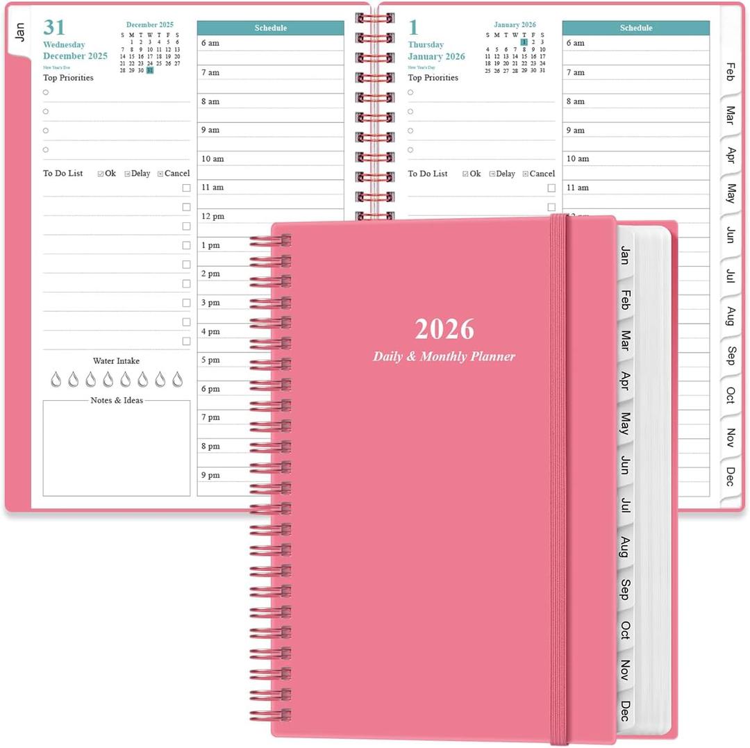 2026 Daily & Monthly Planner - One Page Per Day, Daily Planner 2026 from January 2026 to Deccember 2026, Planner 2026 with 12 Monthly Tabs, 6.4" x 8.5", Pink
