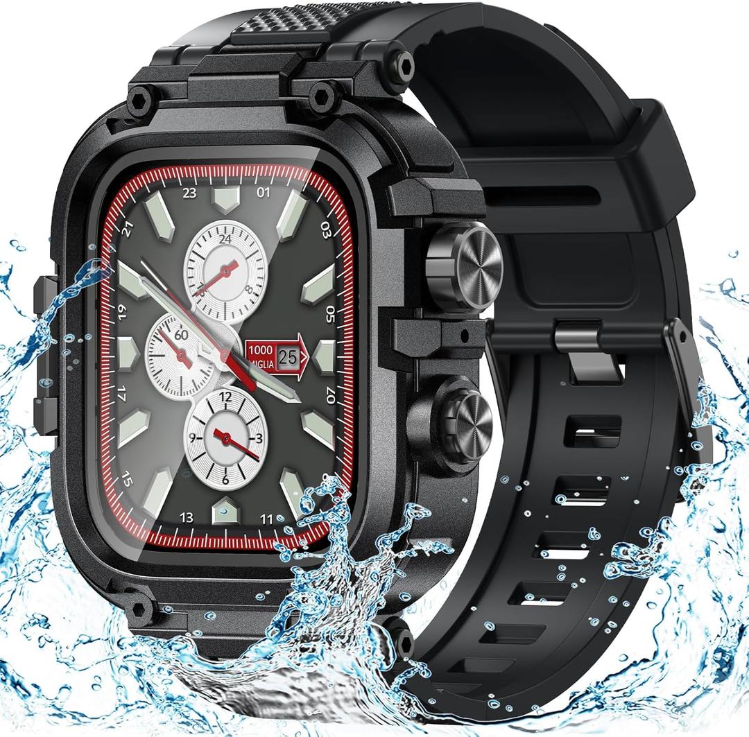 Goton IP68 Waterproof Rugged Band for Apple Watch 46mm/45mm/44mm with Case build-in Screen Protector  Heavy Duty Sport Strap Compatible with iWatch Series 10/9/8/7/6/5/4/SE (Black)