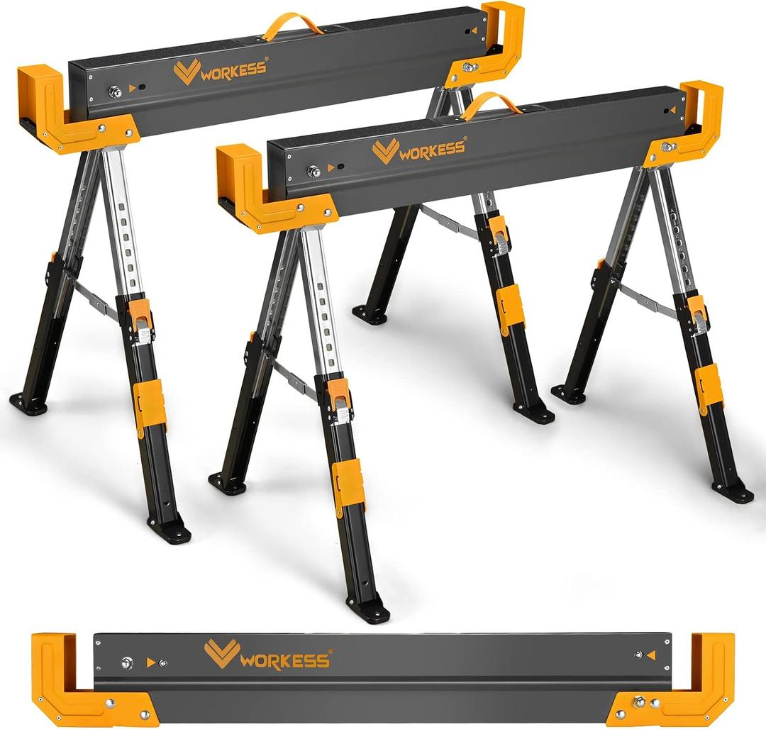 WORKESS Saw Horses 2 Pack Folding, 2600 Lbs Load Capacity & 24-32 Inch Adjustable Height Heavy Duty Sawhorse Table with 2x4 Support Arms, Portable Folding Legs and Easy Grip Handle for Woodworking