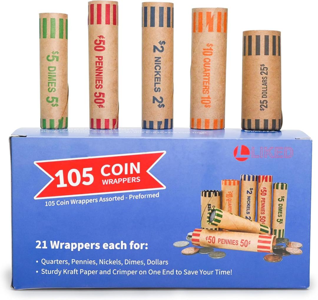L LIKED Preformed Coin Roll Wrappers (105 Assorted) - 21 Quarters, 21 Pennies, 21 Nickels 21 Dimes and 21 Dollars (105 pcs)
