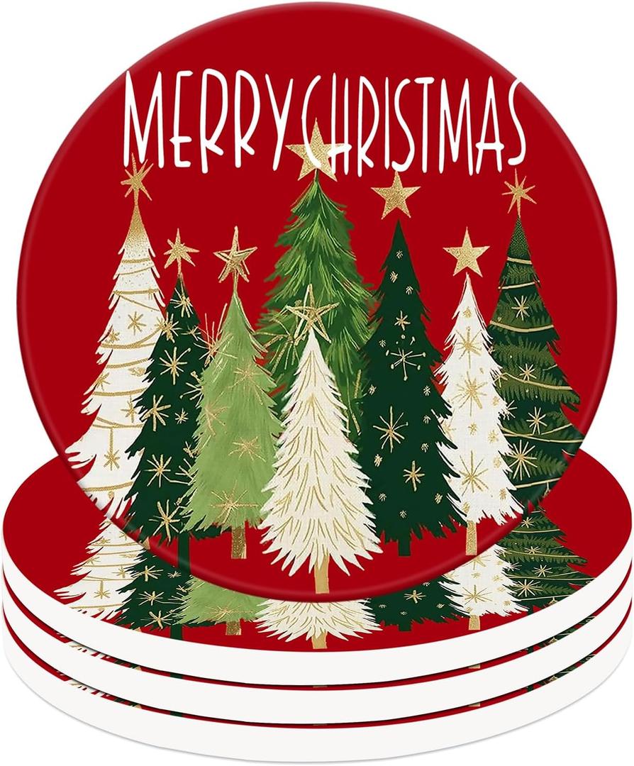 4Pcs Christmas Ceramic Coasters Xmas Tree Red Drink Coasters Absorbent Cup Mat for Winter Holiday Home Kitchen Party Table Decor