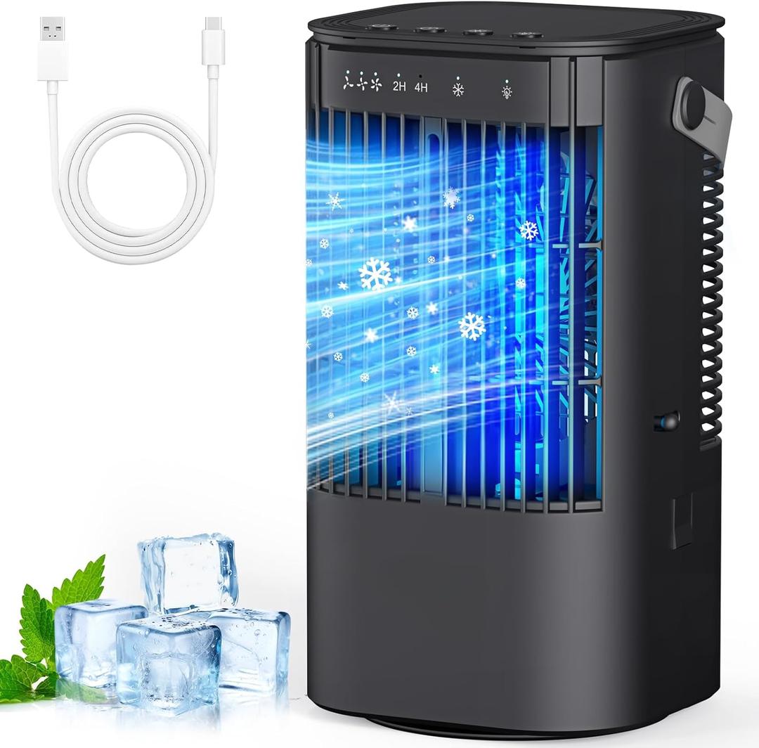 Portable Air Conditioners, 4-in-1 Mini Small Air Conditioner Evaporative Air Cooler Fan with 1000ml Water Tank, 3 Speeds & 7 LED Lights, Personal Mini AC with Timer for Bedroom, Desktop, Home, Office